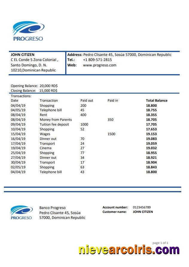 Dominican Republic Progreso bank statement